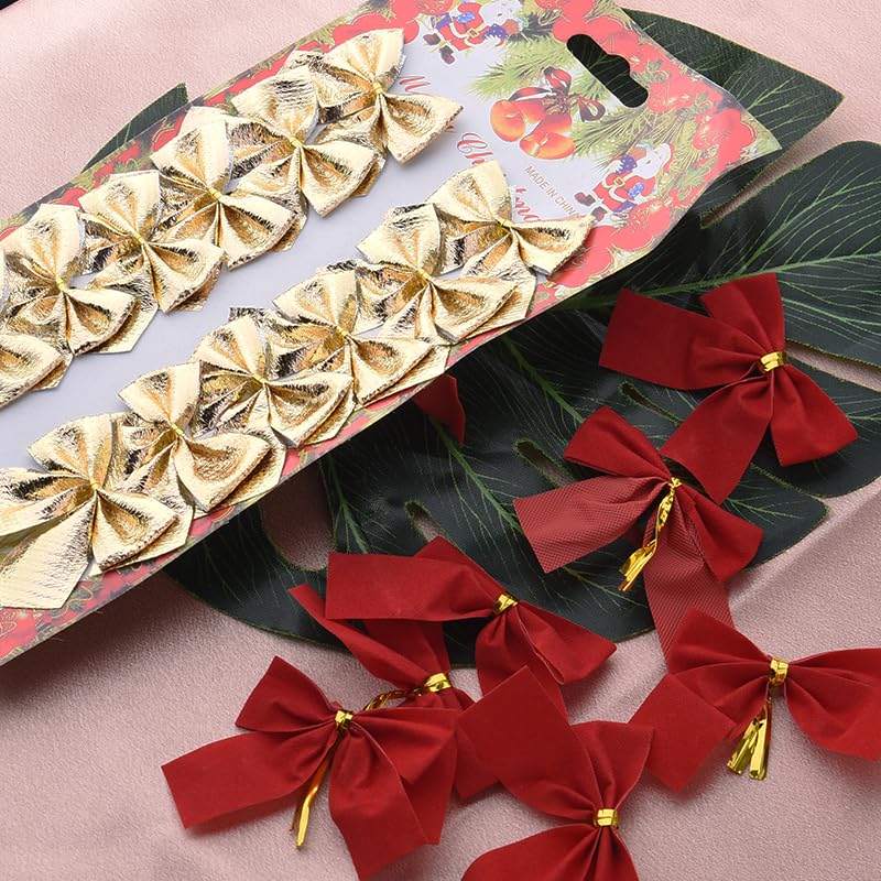 Gold Red Christmas Tree Bows 24-Pack Mini Ornaments – Red & Gold Fabric Decorations