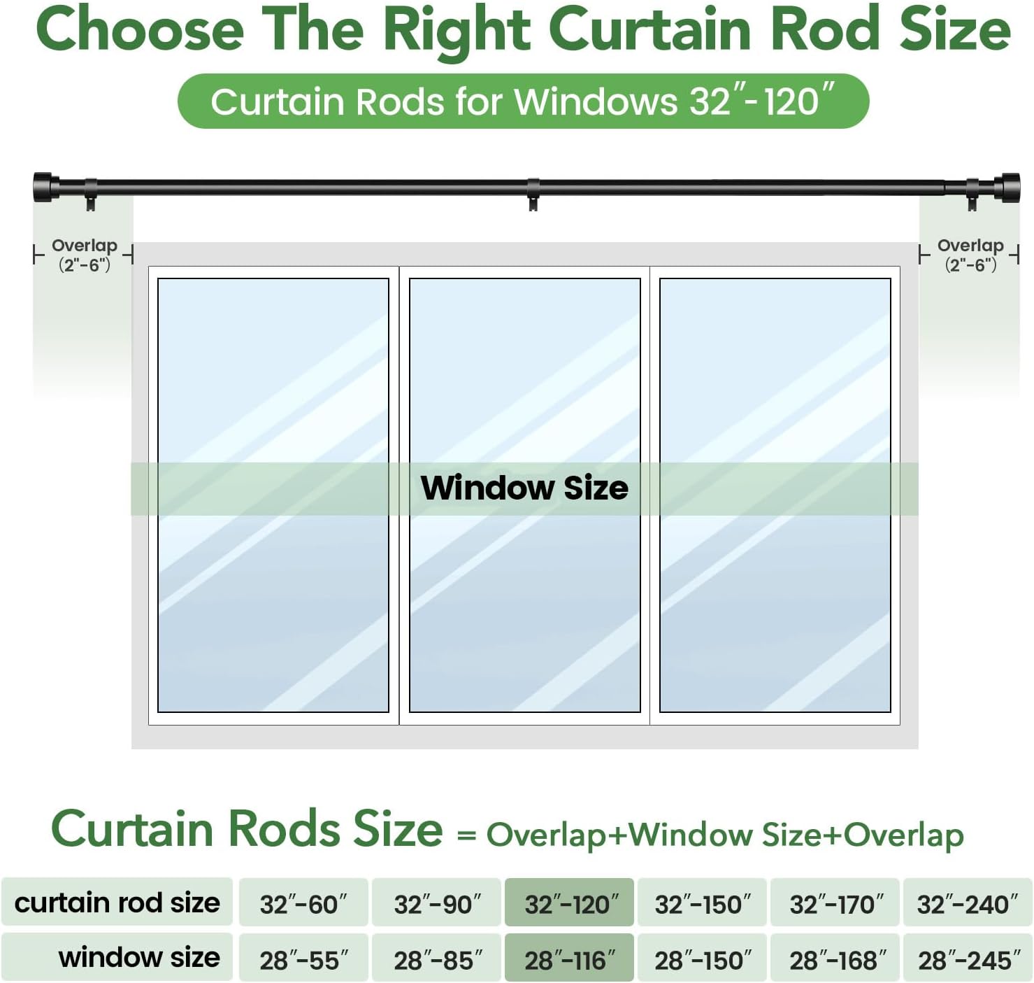 Time Forest Black Curtain Rods - Adjustable 32 to 120 Inch Heavy Duty, Modern Style for Indoor/Outdoor Use