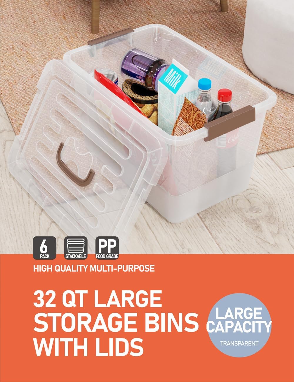 WYT 32 Qt Clear Plastic Storage Bins - Durable Lids & Latching Buckle | 6-Pack Stackable Organizers