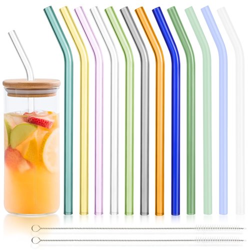 BIEOFFEI 12 Pack Reusable Colored Glass Straws - 9" x 10 MM Bent Glass Drinking Straws with 2 Cleaning Brushes, Thick Straw for Smoothies, Milkshake, Frozen Drinks, Tea, Juice, Iced Coffee