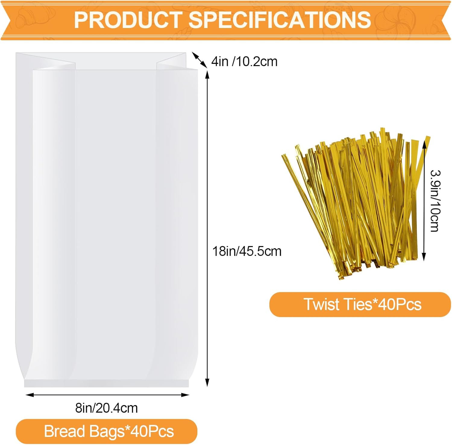 Vivinin Clear Bread Bags - 70 Pack with 100 Ties | 8" x 4" x 18" Reusable Storage for Homemade Bread