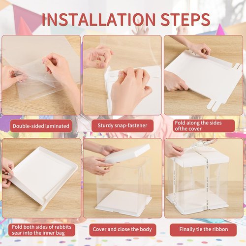 JCD 6 Pcs 2-Layer Tall Cake Packaging Boxes,8x8x9in Clear Cake Box with Ribbon,PET Cake Carrier Transport Container for Tiered Cake (White Lid, 8 * 8 * 9inch/6Pcs)