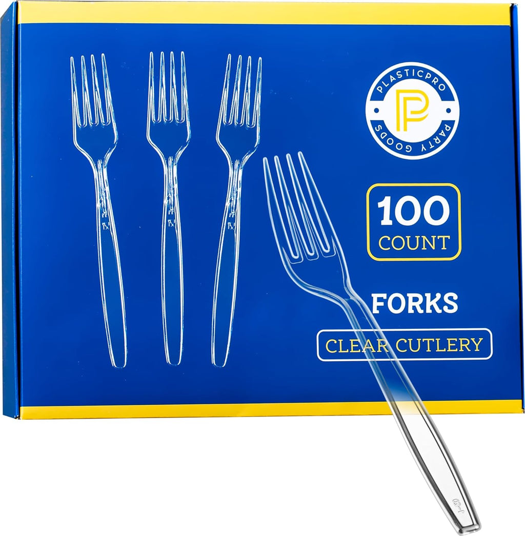 Plasticpro Heavyweight Disposable Clear Plastic Cutlery - 100 Count Forks for Convenient Dining