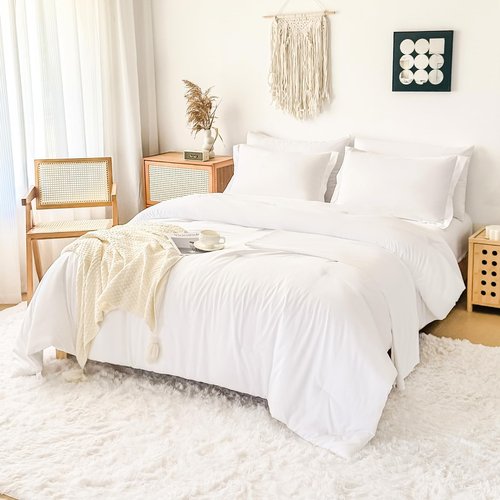 FMLIUY Cal King Comforter Duvet Cover Set White - 7-Piece Bed in a Bag, Festive Gift Double Brushed Micorfiber All-Season Soft Bedding with Sheets & Envelope Pillowcases(104"x90",Cal King)