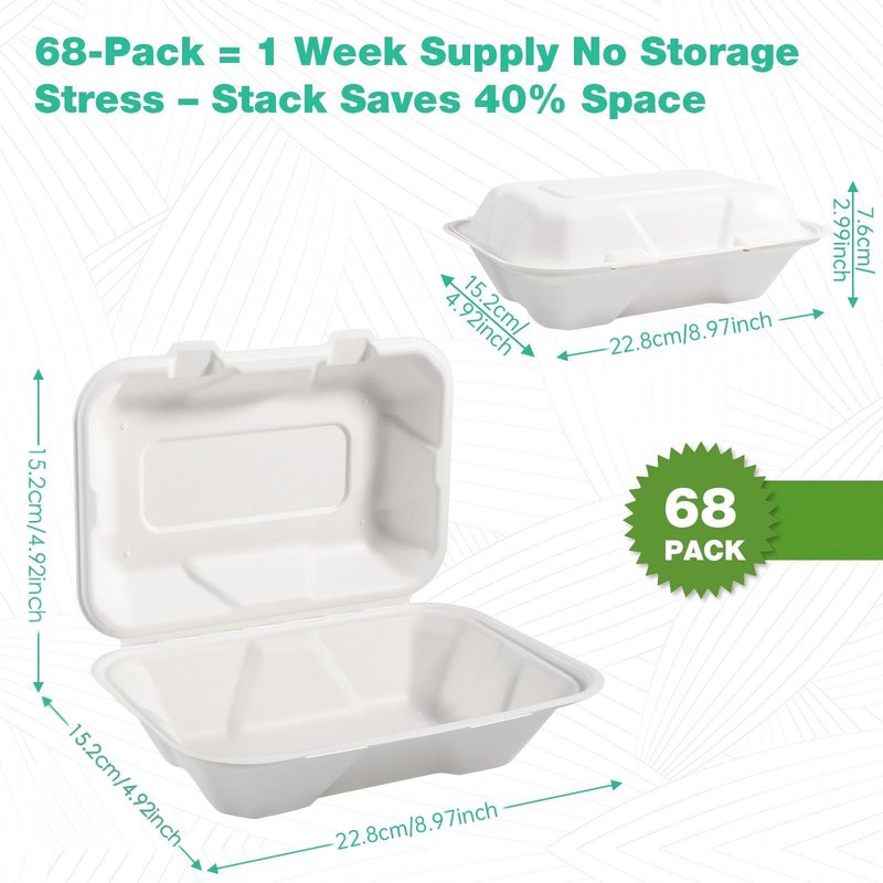 OasisSN 𝟵𝘅𝟲", 𝟲𝟴-𝗣𝗮𝗰𝗸 Clamshell Take Out Food Containers, Compostable Heavy-Duty Disposable Paper Lunch Boxes，Eco-Friendly Biodegradable To Go Containers For Food(White)