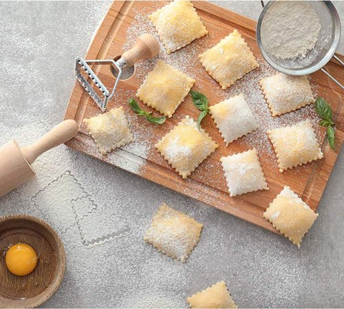 MASTER FENG Ravioli Stamp Maker Cutter with Roller Wheel Set, Mold with Wooden Handle and Fluted Edge, Pasta Press Kitchen Attachment (MF-1246)