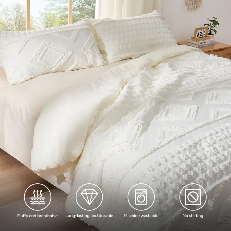 YIXWZAS Boho King Comforter Set Beige with Sheets, 3 Pieces Tufted King Comforter Sets Boho Bedding Cream Soft Warm Neutral Comforter Sets for All Seasons