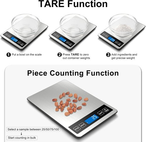 Fuzion Digital Kitchen Scale - 22lb Capacity, Rechargeable, Tare & PCS Functions | Tempered Glass & Stainless Steel