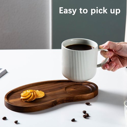 JiabaoPC Ceramic Coffee Mug and Wooden Serving Tray Set, White Ribbed Cup with Handle 14.2oz, Modern Design with Wood Platter