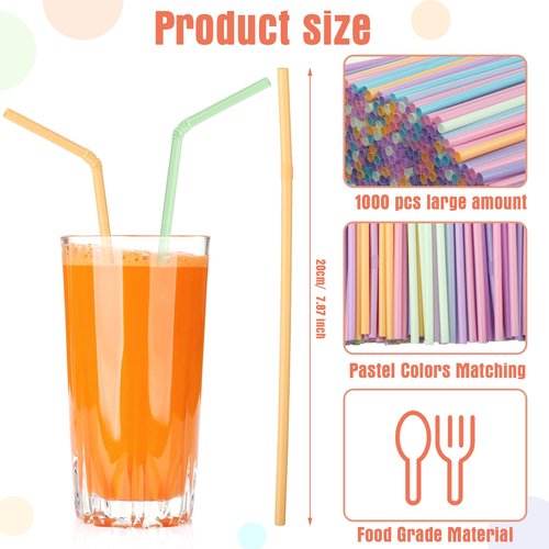 Hushee 500 Pcs Plastic Straws Disposable Bulk Colorful Drinking Straws Pastel Disposable Plastic Sip Stir Sticks for Juice Daily Drinks 7.9" Long and 0.23'' Diameter(Flexible Design,Bright Color)