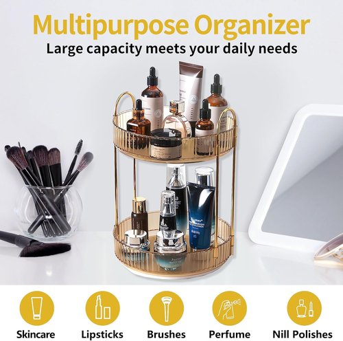 Asayuee 360° Rotating Gold Makeup Organizer - Large Capacity Skincare & Perfume Storage (2 Tier)