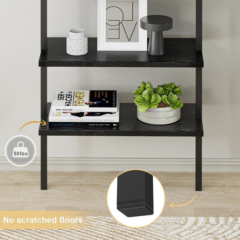 Shahoo Ladder Shelf, 5-Tier Bookshelf with Metal Frame, Open Display Organizer Rack, Wood Wall Mounted, Storage Shelves for Living Room, Hallway, Office, Black