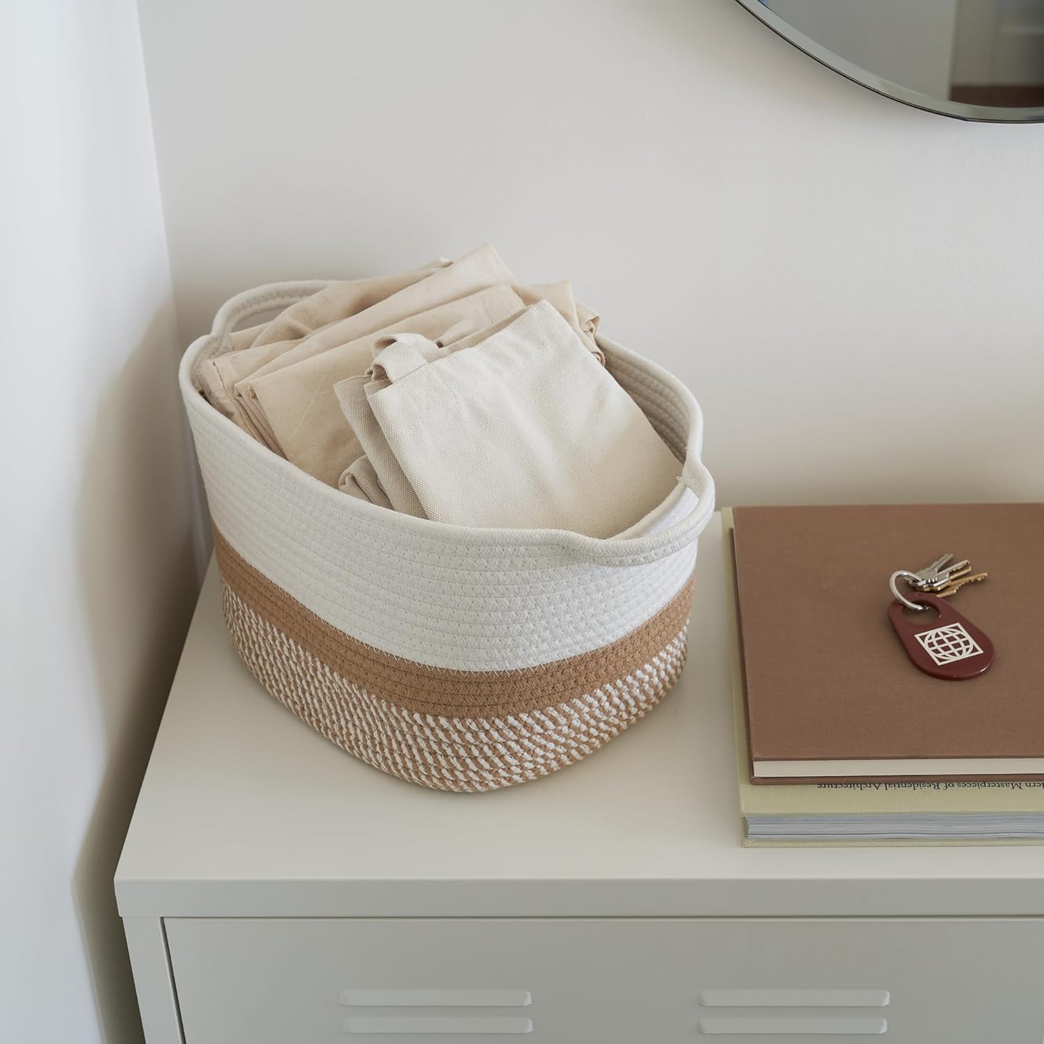 Skiennix Stylish Cotton Rope Storage Basket - Versatile Woven Bin with Handles for Dog Toys, Magazines & Books