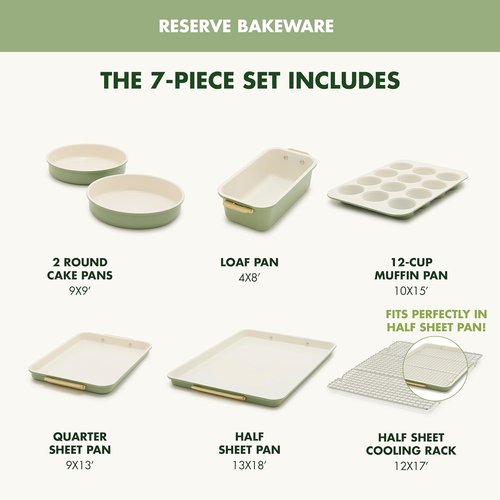 GreenPan Bakeware Set - 7 Piece Nonstick Ceramic Baking Essentials | PFAS & BPA Free, Sage Green