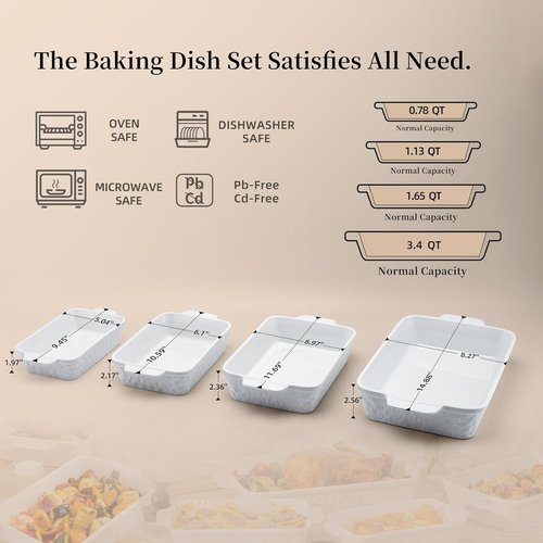 Dafuceramic Casserole Dishes - Set of 4 Rectangular Ceramic Bakeware with Handles | White for Oven Baking