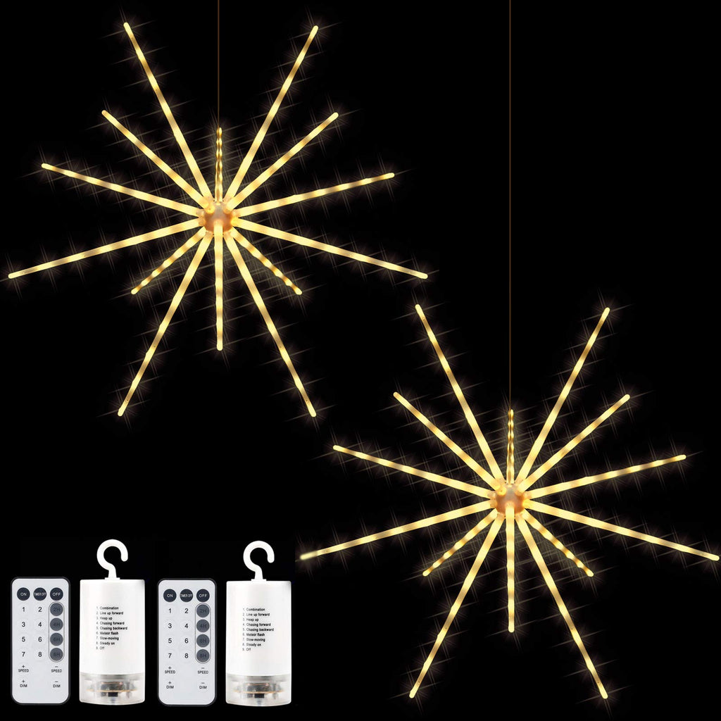 Tiandirenhe 2 Pack 224 LED Hanging Starburst Light, Firework Fairy Starburst String Lights Hanging Star Lights with Remote, 8 Lighting Modes Operated, Starry Light for Garden Party Christmas(Yellow)