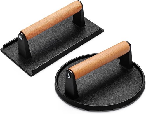 AIVIKI Burger Press - Heavy Duty Cast Iron Smash Press for Griddle | Round 6.9In & Rectangular 8.2x4.2In