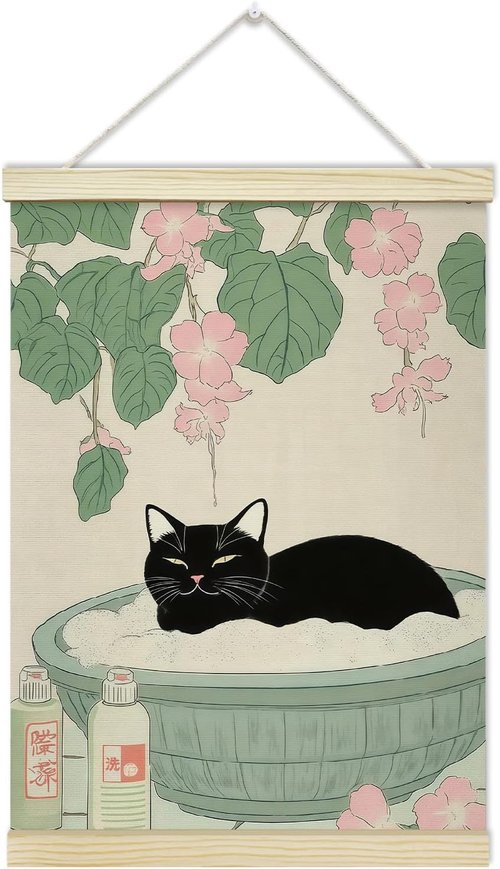 LETUROIA Japanese Cat Bathroom Poster Frame - Black Cat Aesthetic Canvas Wall Art (12x16") for Home Spa Decor