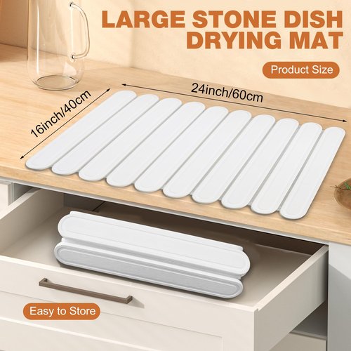 HonyQiShuo Stone Drying Mat for Kitchen Counter, Large Stone Dish Drying Mat Foldable Diatomaceous Earth Water Absorbing Mat for Dishes Bottles Cups Match Any Countertop White 24" x 16"