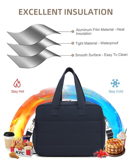 Lunch Tote Bag for Women Work, 17.3 Inch Laptop Purse with Insulated Lunch Compartment Coin Wallet for Meal, Large Puffy Quilted Travel Duffle Bag Blue