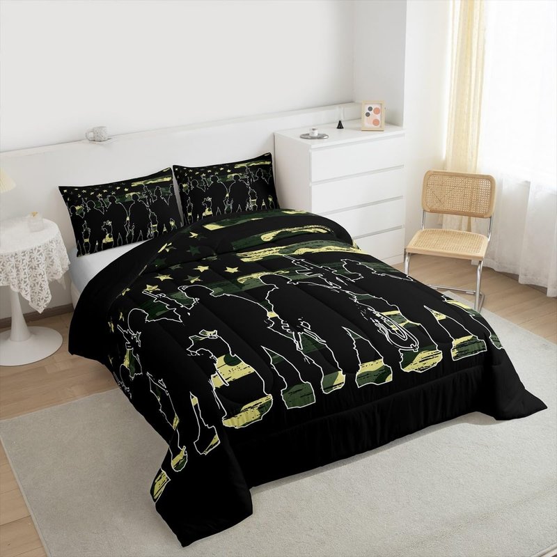 American Flag Comforter Set Twin for Boy Teen ArmyGreen Camouflage Down Comforter Adult Men Soldier Silhouettes Quilted Duvet Military Style Camo Bedding Comforters, 1 Comforter Set + 1 Pillowcase