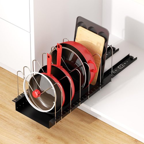 Pull Out Pots and Pans Organizer for Cabinet - Sliding Lid Holder and Pan Rack in Kitchen, Cabinet Pull Out Shelves, Slide Out Cabinet Organizer, Pot Lid, Bakeware and Pan Storage, 16.5"Dx8"Wx7.5"H