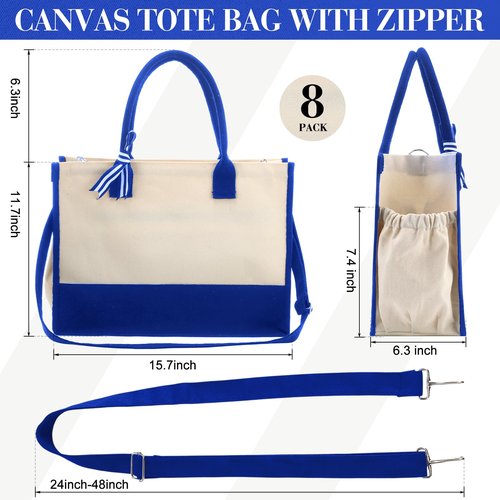 Aoriher 8 PCS Canvas Tote Bag with Shoulder Strap Zipper Opening Grocery Tote for Women Birthday Bridesmaid Gift Bag(Navy Blue)