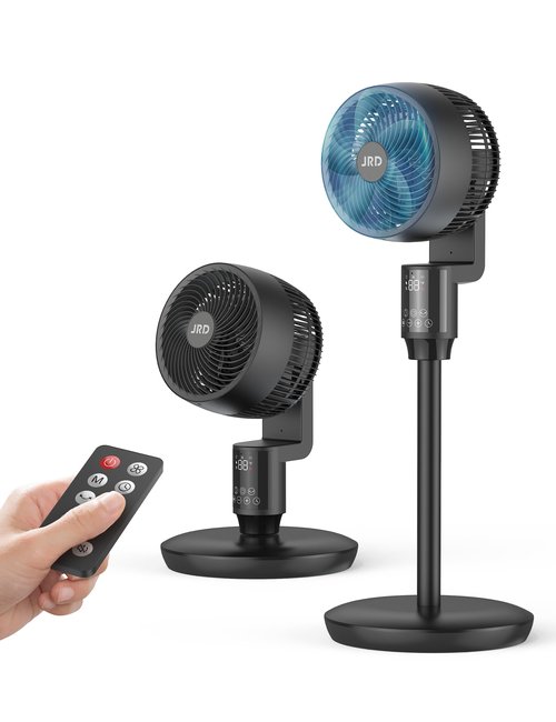 JRD Fan for Bedroom, 70° Oscillating Standing Fans, Quiet Floor Fan, 100ft Pedestal Fans for Room, 6 Speeds, 3 modes,90° Manual Vertical, 19-38" Adjustable Height,24H Timer,Remote Control