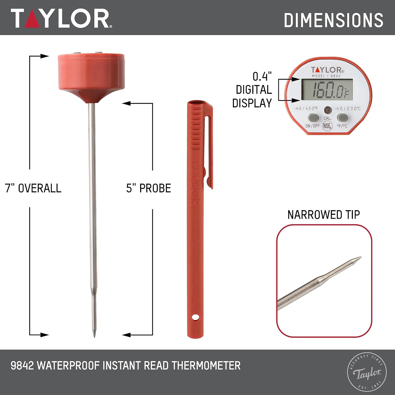 Taylor Waterproof Digital Instant Read Thermometer - Perfect for Cooking, BBQ & Grilling | Red with Pocket Sleeve Clip