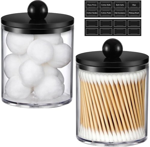 Acrylic Qtip Holder Dispenser Set by [Brand Name] - 2 Pack Clear & Black Canisters for Cotton Swabs, Balls, and Pads | Bathroom Vanity Storage Organizer