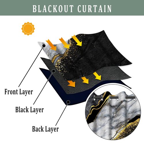 Renaiss Black Marble Blackout Curtains for Bedroom Abstract Golden Gray Texture Window Curtain Modern Luxury Crack Art Window Drapes for Living Room Decor Curtains 2 Panels Set, 42x84 Inch