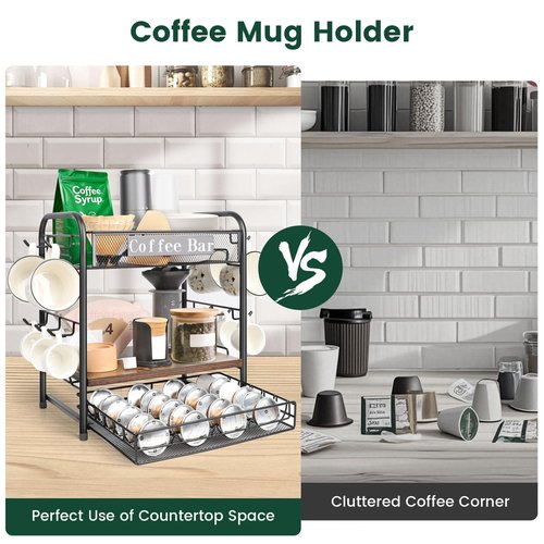 seaflash Coffee Bar Organizer, Station Mug Holder for Countertop, Multi-Functional 3 Tier Coffee Cup Tree Rack for Kitchen, Storage Shelf with 10 Hooks, Vertuo Pods Drawer for Home Office