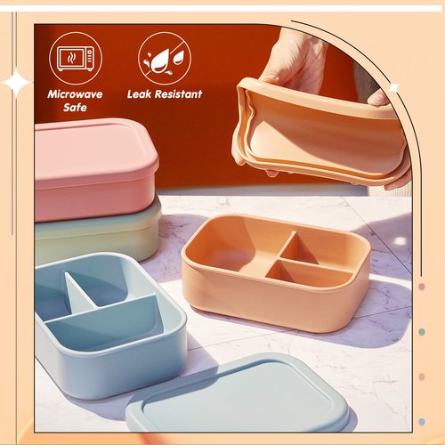 Layhit 2 Pcs Silicone Bento Box for Adults, 27 oz Bento Lunch Container Reusable 3 Compartment Lunchable Food Container for Women Men, Leak Proof Microwave Dishwasher Freezer Safe (Orange, Gray Blue)