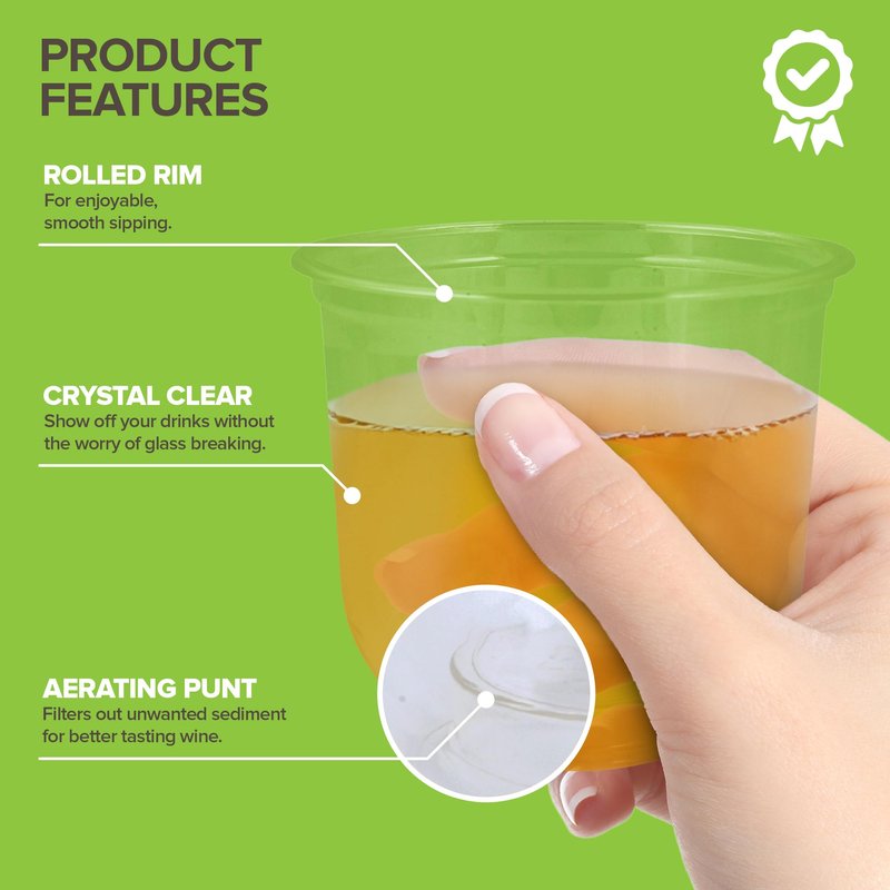 Stock Your Home 12oz Disposable Stemless Wine Glasses, 100 Pack, Commercially Compostable Cold Cups, Cocktail Cups, Round Bottom Plastic Cups, PLA Cups for Wine, Soda & Cocktails