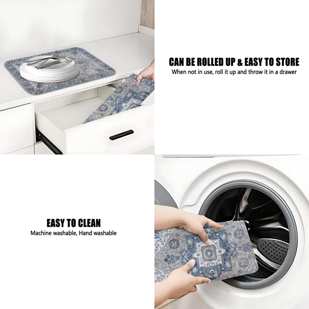 Dish Drying Mat for Kitchen Counter 2 Pack with Non-Slip Rubber Backing - Heat-Resistant Absorbent Coffee Bar Mat, Dish Rack Mat, Boho Dish Drying Mats 18x24+19.5x12 inch