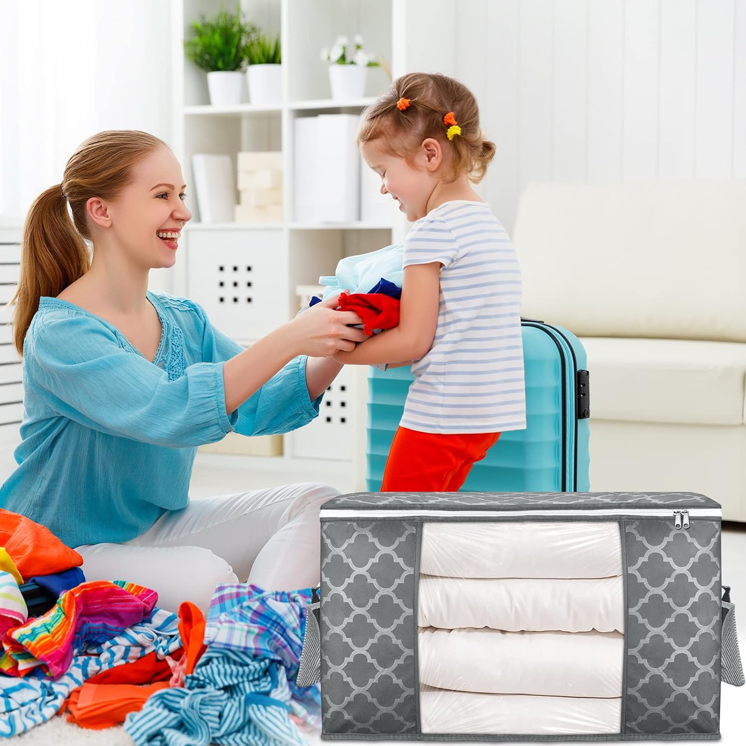 Skiennix 90L Large Storage Bag - Durable Organizer for Clothes, Comforters, Blankets & Toys | 6 Pack