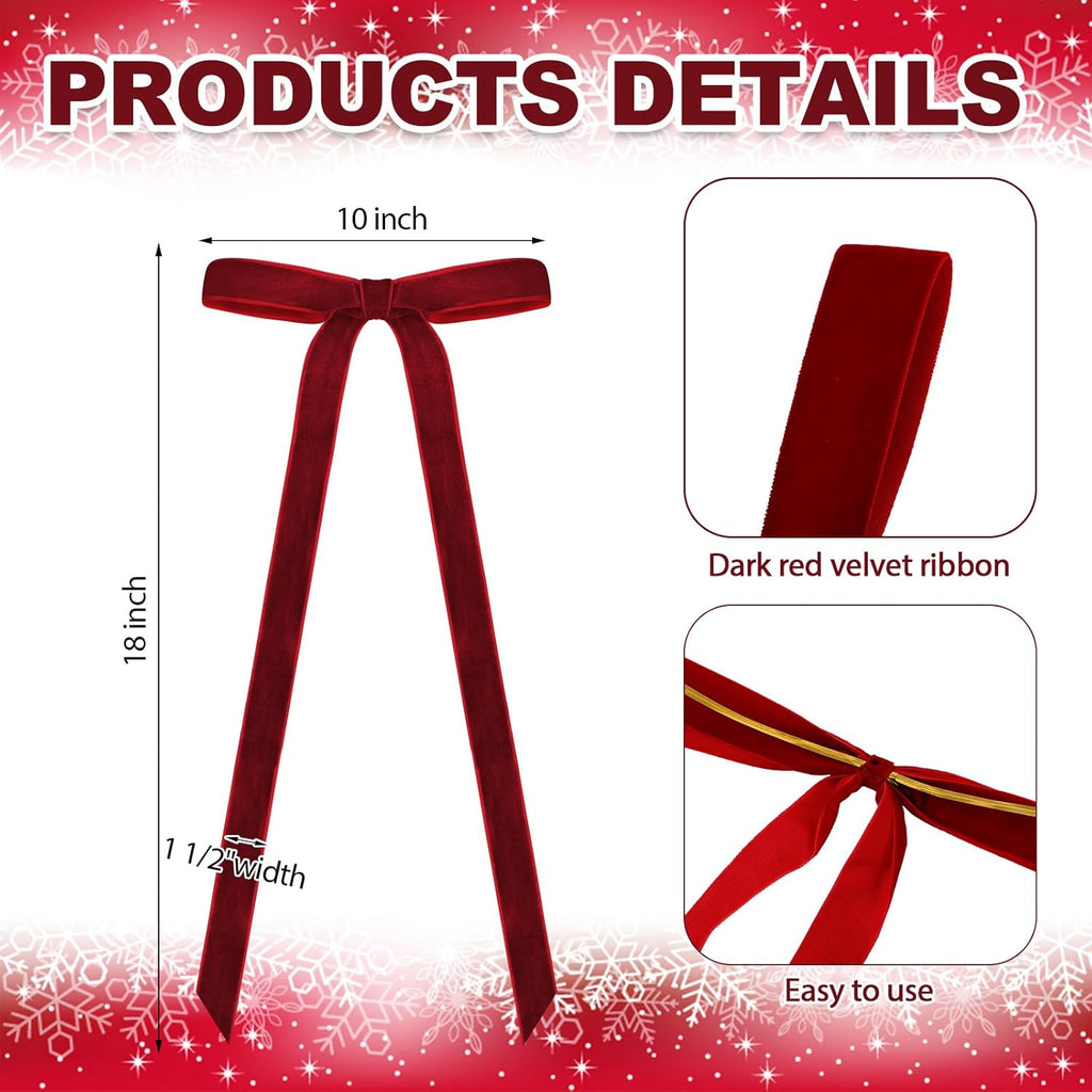 Skiennix 24 Pcs Velvet Bows - Vintage Ribbon Bows for Christmas Tree & Crafts | Dark Red, 10 x 18 Inch