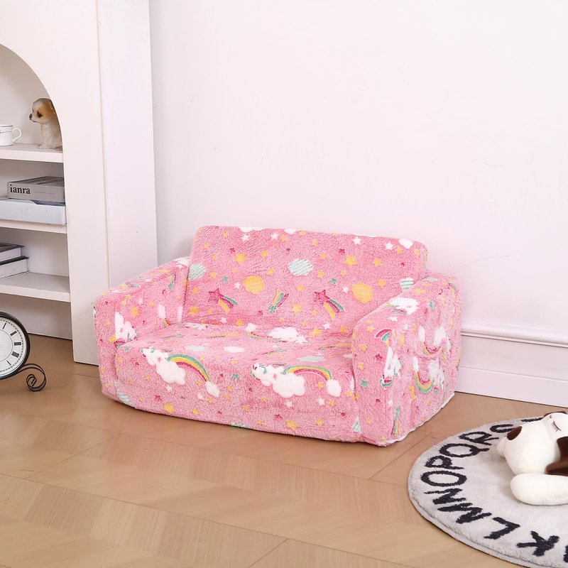 Dormlony Foldable Kids Sofa Extra Wide for 2 Seats, Soft Kids Fold Out Couch Glow in The Dark,Convertible Sofa to Lounger Toddler Sofa Chair(Rainbow)