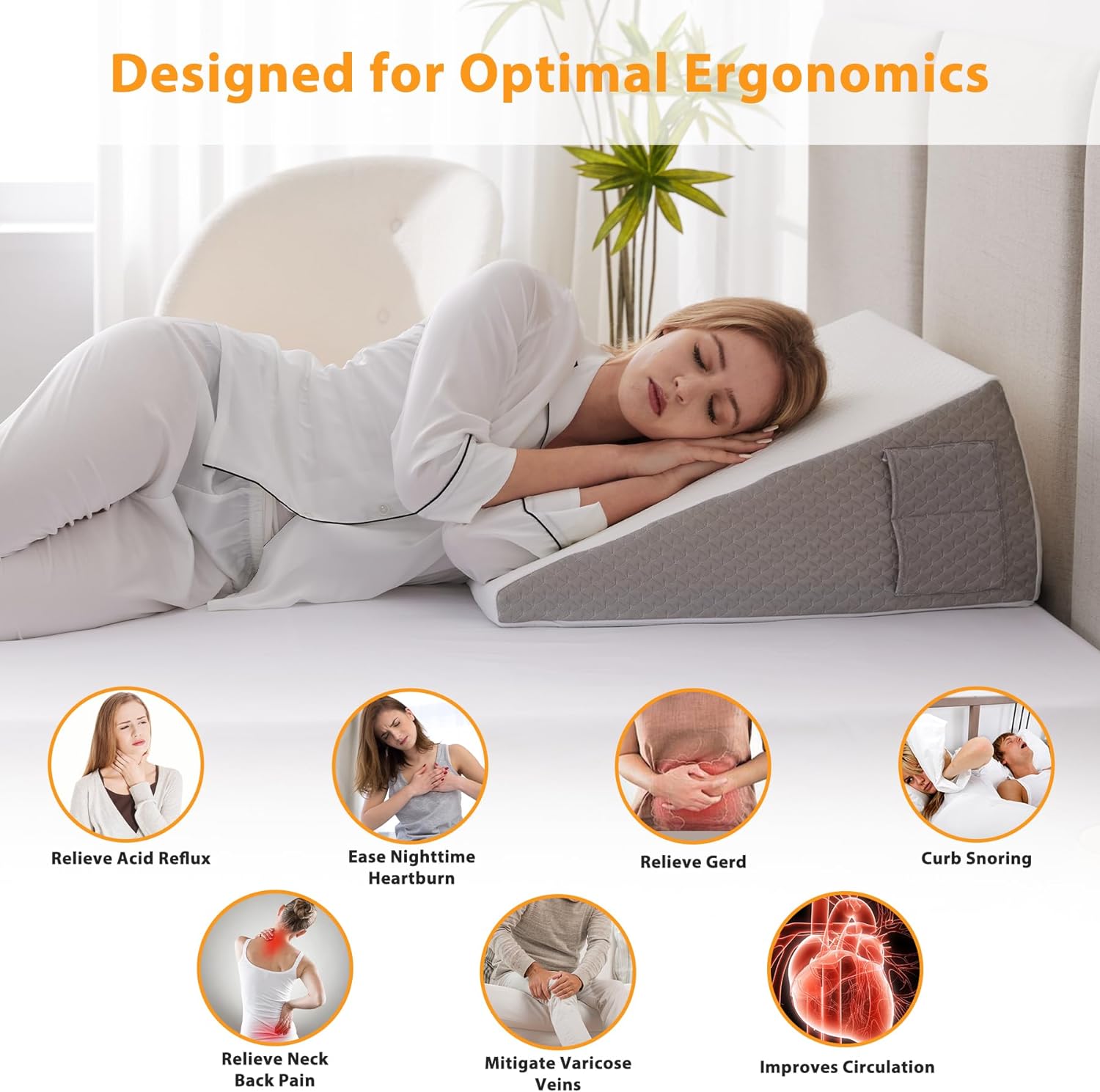 Ruqmuis Wedge Pillow - Acid Reflux Relief & Back Pain Support | 10" Triangle Pillow with Cover, White