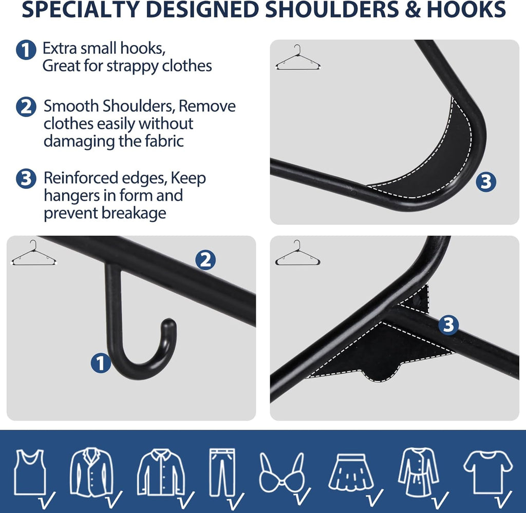 SUPER DEAL Plastic Hangers - 100 Pack Heavy-Duty Clothes Hangers with Double Hooks | Space-Saving Black