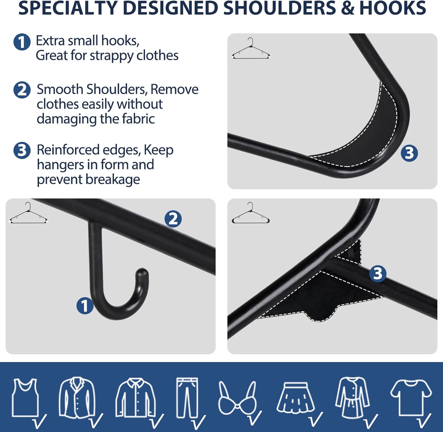 SUPER DEAL Plastic Hangers - 100 Pack Heavy-Duty Clothes Hangers with Double Hooks | Space-Saving Black