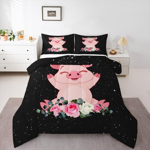 Erosebridal Pink Pig Comforter Set for Girls Kawaii Room Decor Queen, Rose Floral Leaf Duvet Insert for Kids Boys Children Cute Farm Animal Quilt Cartoom Style Soft Lightweight Bedding Set 3 Pieces