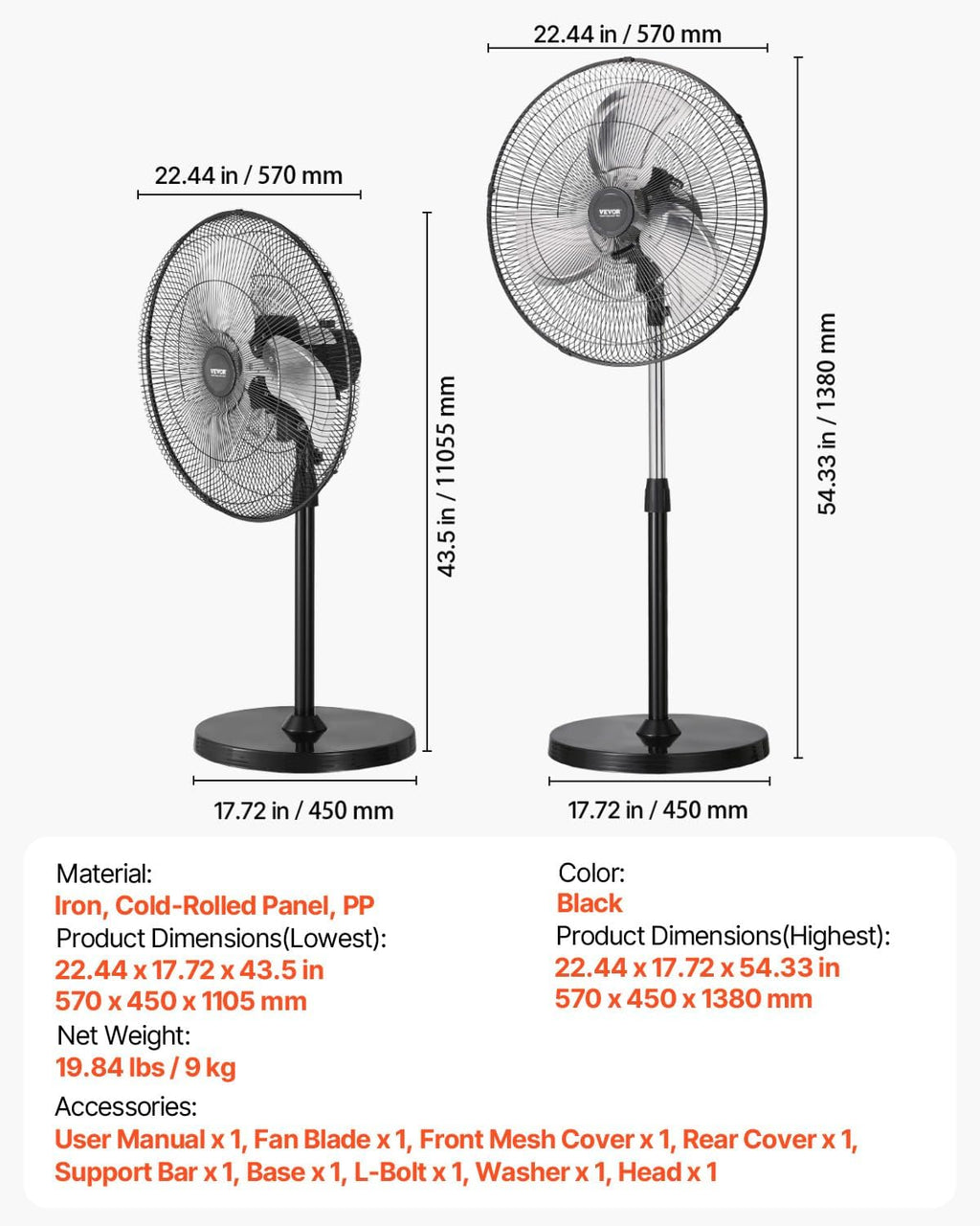 VEVOR 20-Inch Industrial Pedestal Fan - Adjustable Height & 90-Degree Oscillation | Powerful Black Floor Fan for Garage & Warehouse