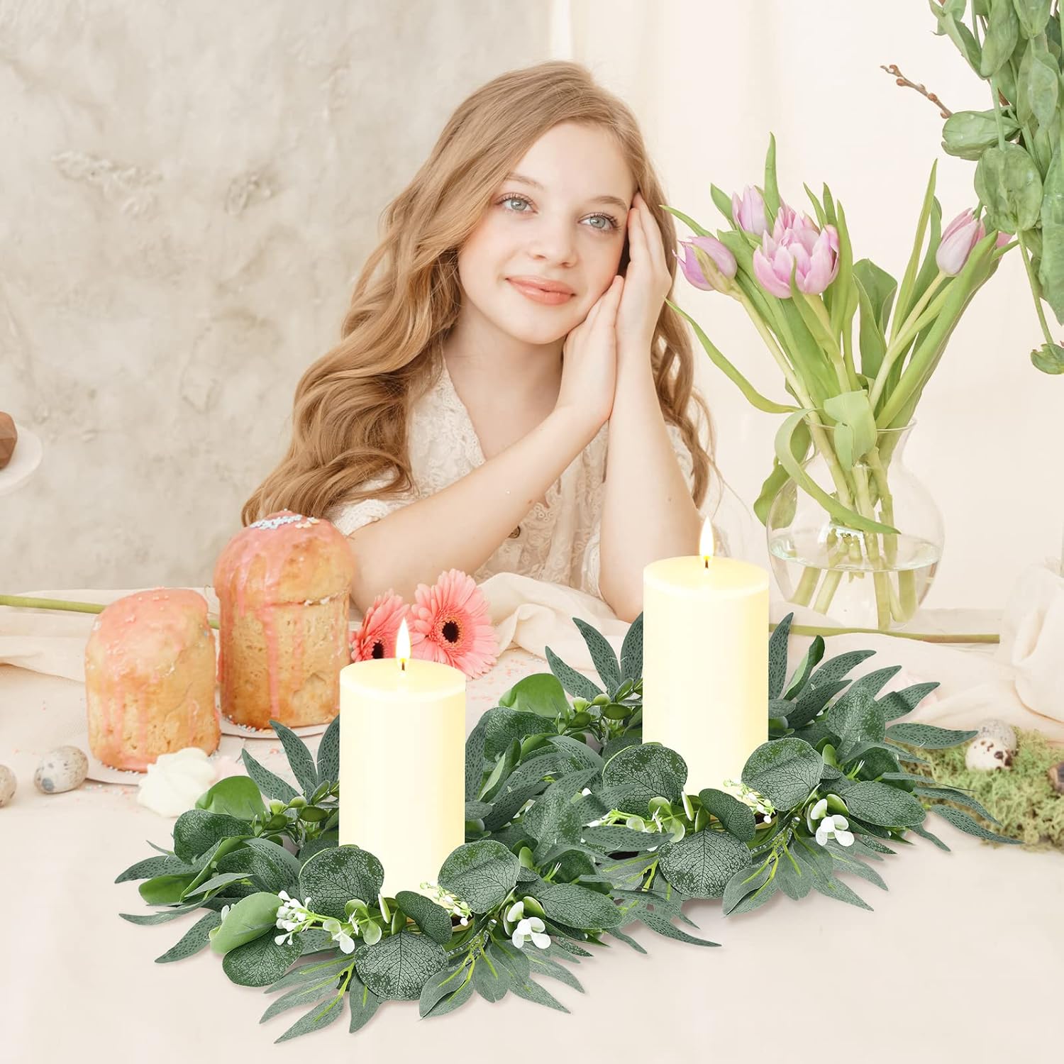 Thinkday Eucalyptus Candle Ring Set - 4 Inch Mini Artificial Wreaths for Home Decor | Green Floral Centerpieces