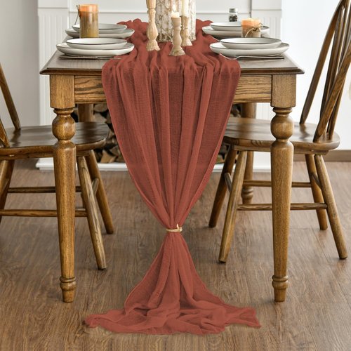 Artoid Mode Boho Cheesecloth Gauze Terracotta Wedding Table Runner, 160 Inch Seasonal Fall Thanksgiving Fabric Kitchen Dining Holiday Table Decor for Home Party Indoor