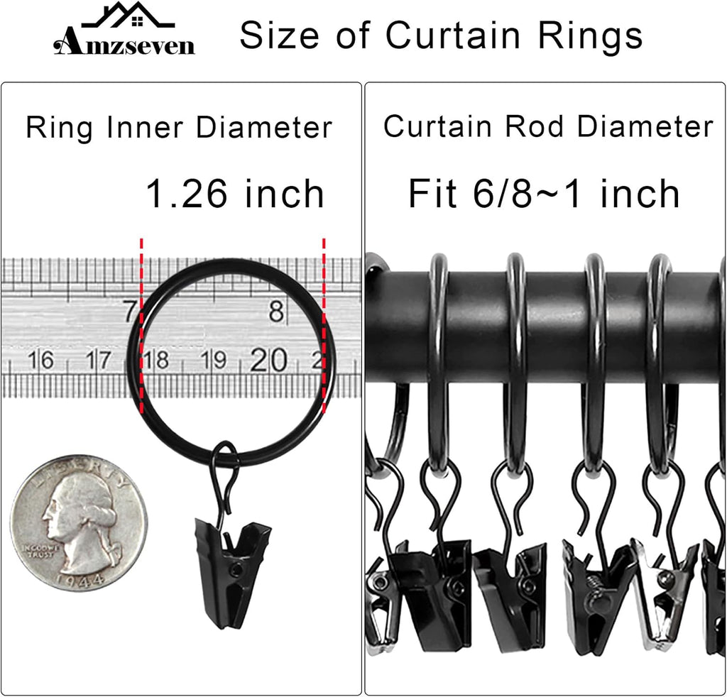 Skiennix Curtain Rings - 40 Pack Drapery Clips with 1.26" Interior Diameter - Fits Up to 1" Rod, Black