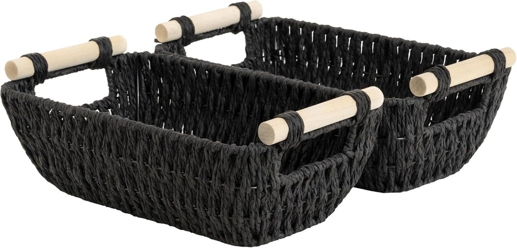 StorageWorks Wicker Storage Baskets - Small Organizing Baskets with Wooden Handles | 2-Pack, Black