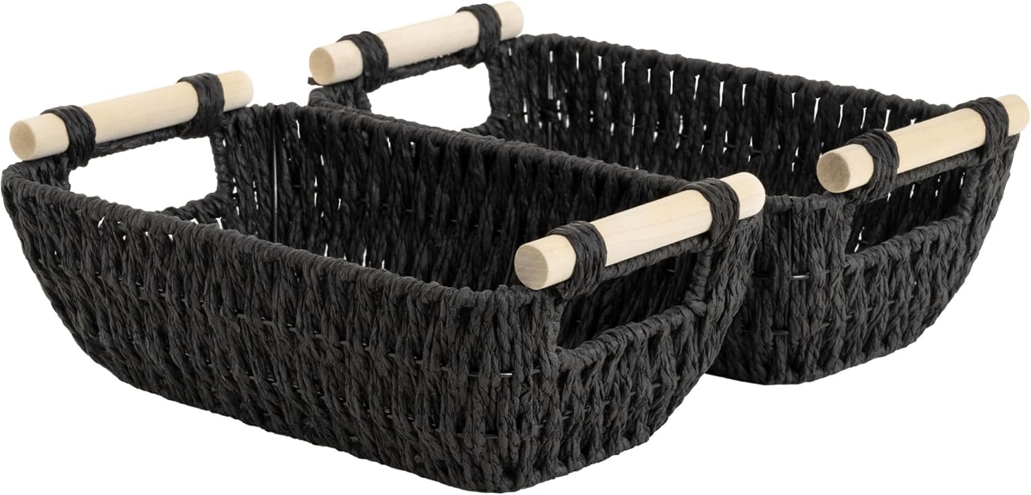 StorageWorks Wicker Storage Baskets - Small Organizing Baskets with Wooden Handles | 2-Pack, Black