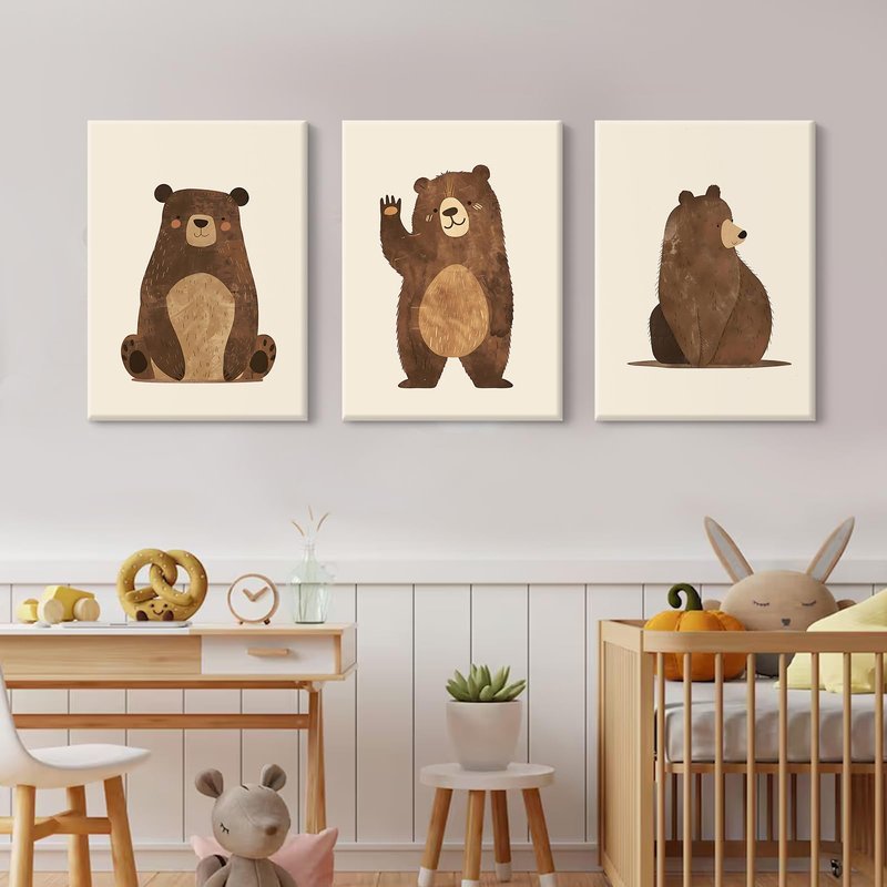 Nursery Wall Art Baby Canvas Pictures Bear Wall Decor Boys Room Prints Kids Poster Cute Animal Theme Pictures Woodland Bear Painting Neutral Children Artwork for Bedroom 16x24 Inch Ready to Hang