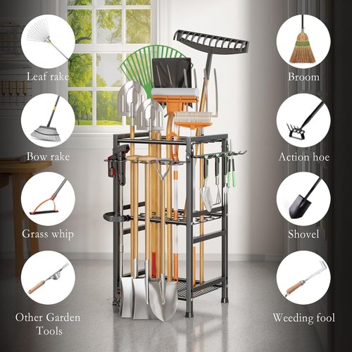 CICUFY Heavy-Duty Garden Tool Organizer - Metal Rack with Extra Hooks for Up to 35 Long Handled Tools | Black